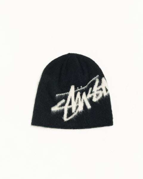 Stussy Brushed Out Stock Skullcap Beanie, Fuzzy Graffiti Logo Knit Hat, Winter Streetwear Black Hat