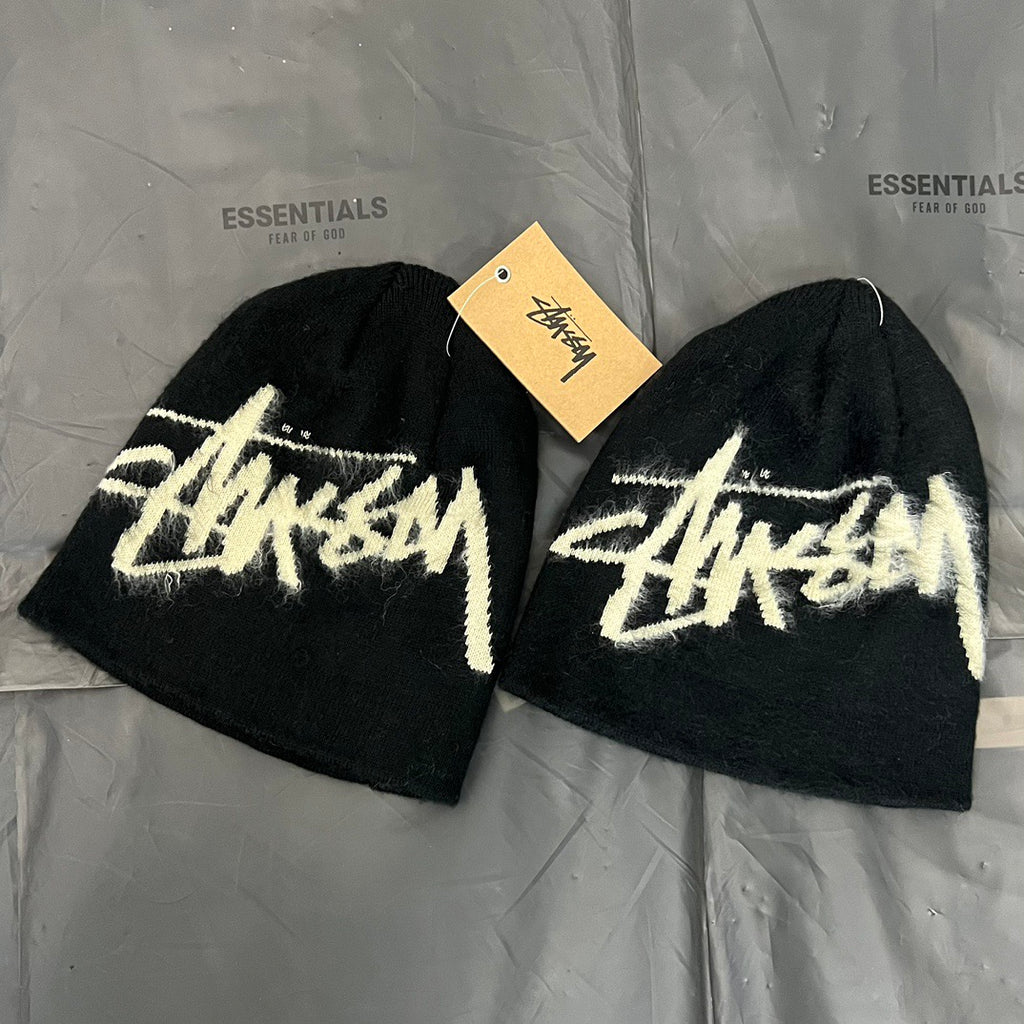 Stussy Brushed Out Stock Skullcap Beanie, Fuzzy Graffiti Logo Knit Hat, Winter Streetwear Black Hat