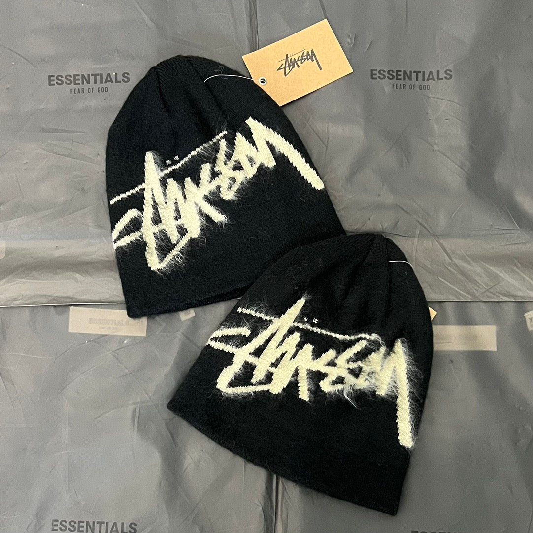 Stussy Brushed Out Stock Skullcap Beanie, Fuzzy Graffiti Logo Knit Hat, Winter Streetwear Black Hat