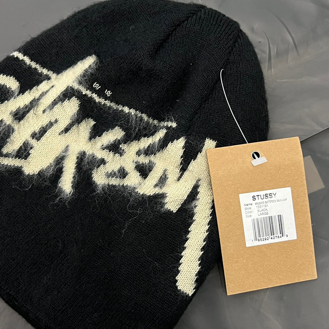 Stussy Brushed Out Stock Skullcap Beanie, Fuzzy Graffiti Logo Knit Hat, Winter Streetwear Black Hat