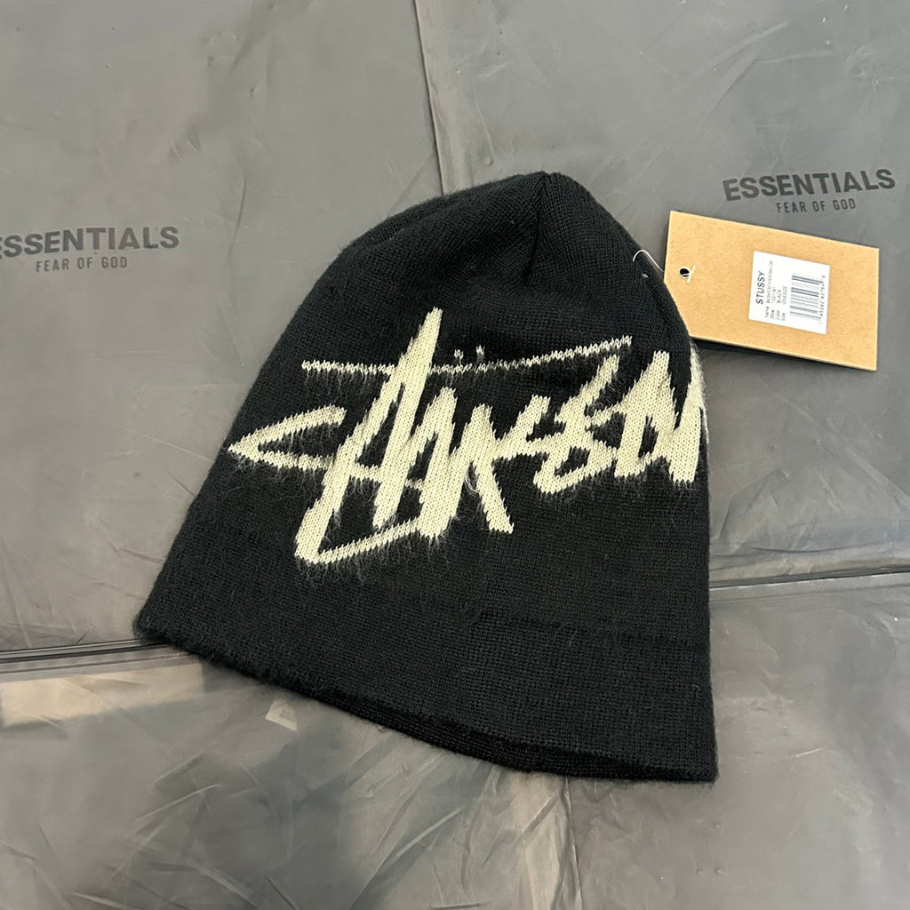 Stussy Brushed Out Stock Skullcap Beanie, Fuzzy Graffiti Logo Knit Hat, Winter Streetwear Black Hat