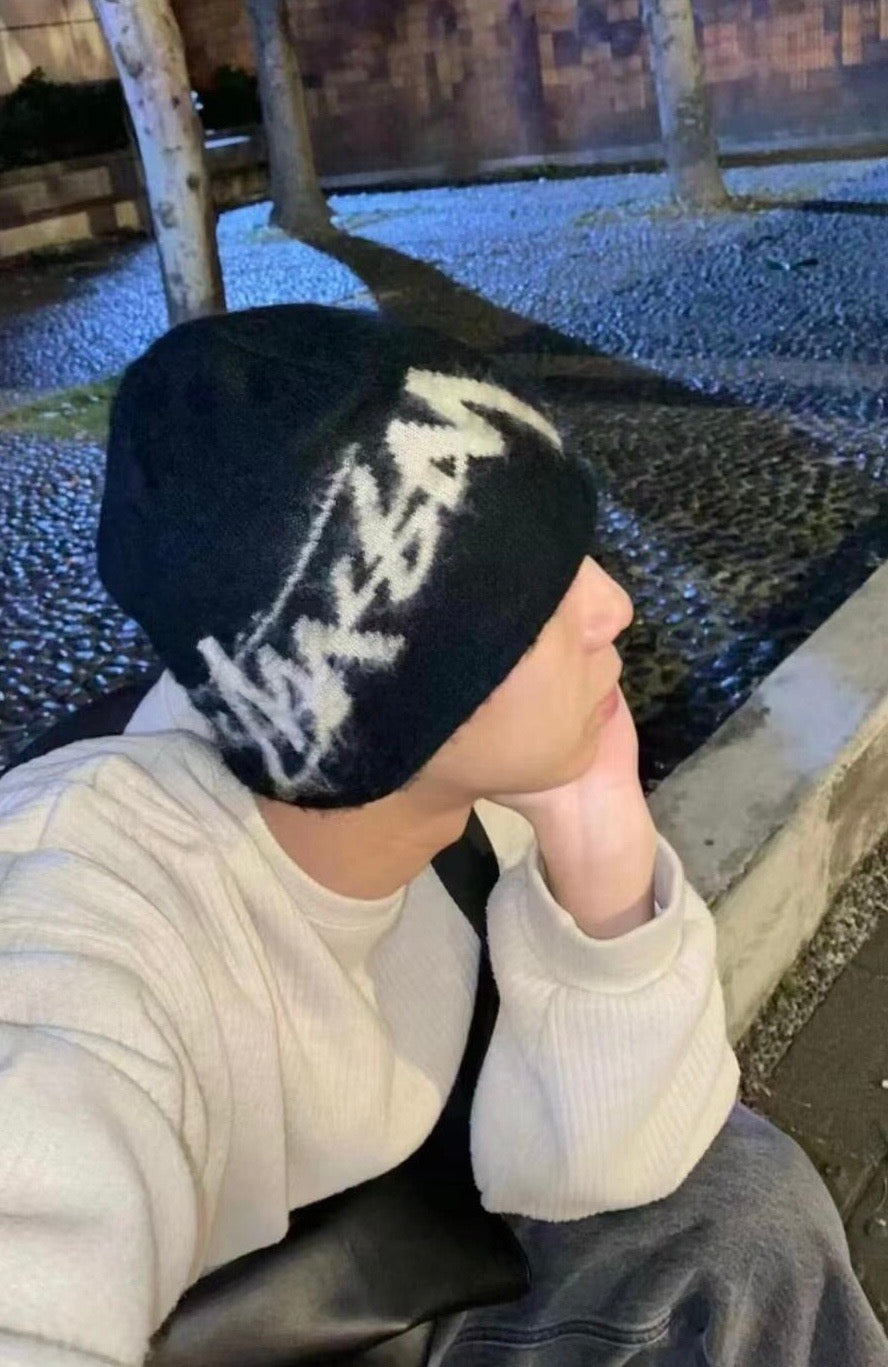 Stussy Brushed Out Stock Skullcap Beanie, Fuzzy Graffiti Logo Knit Hat, Winter Streetwear Black Hat