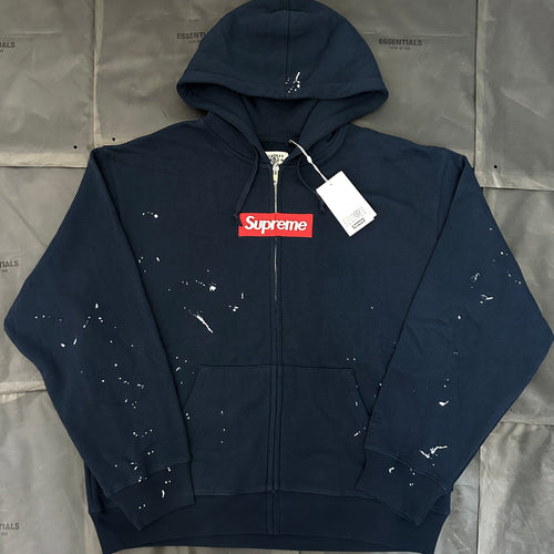 Supreme x MM6 Maison Margiela Paint Splatter Box Logo Zip Up Hoodie, Full Zip Heavyweight Fleece Hooded Sweatshirt, Unisex Streetwear Jacket