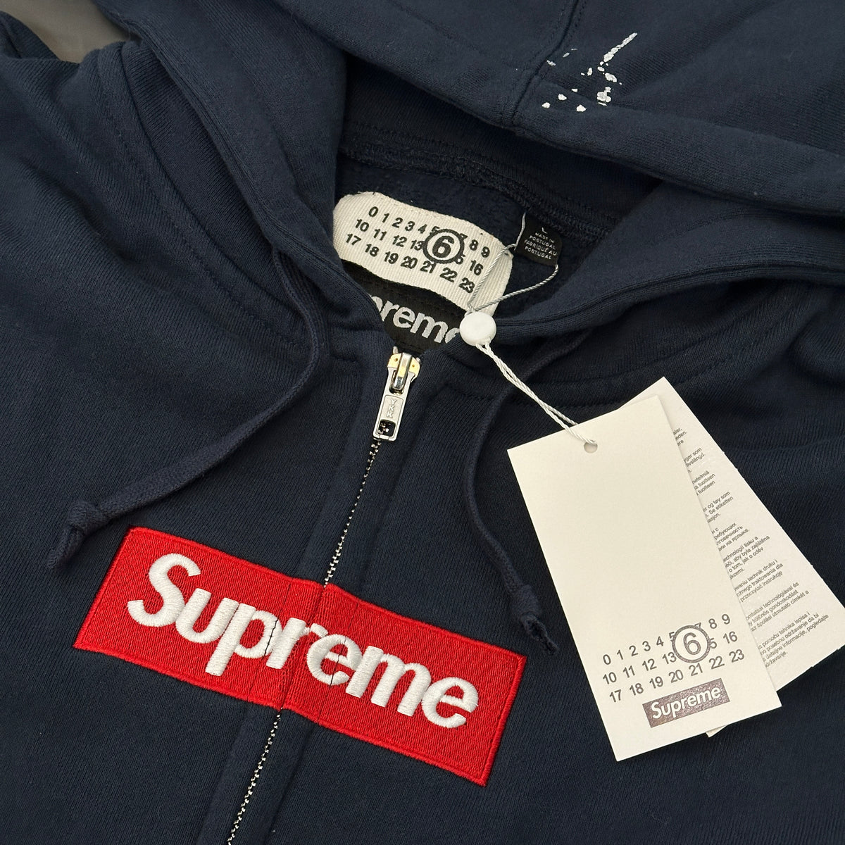 Supreme x MM6 Maison Margiela Paint Splatter Box Logo Zip Up Hoodie, Full Zip Heavyweight Fleece Hooded Sweatshirt, Unisex Streetwear Jacket