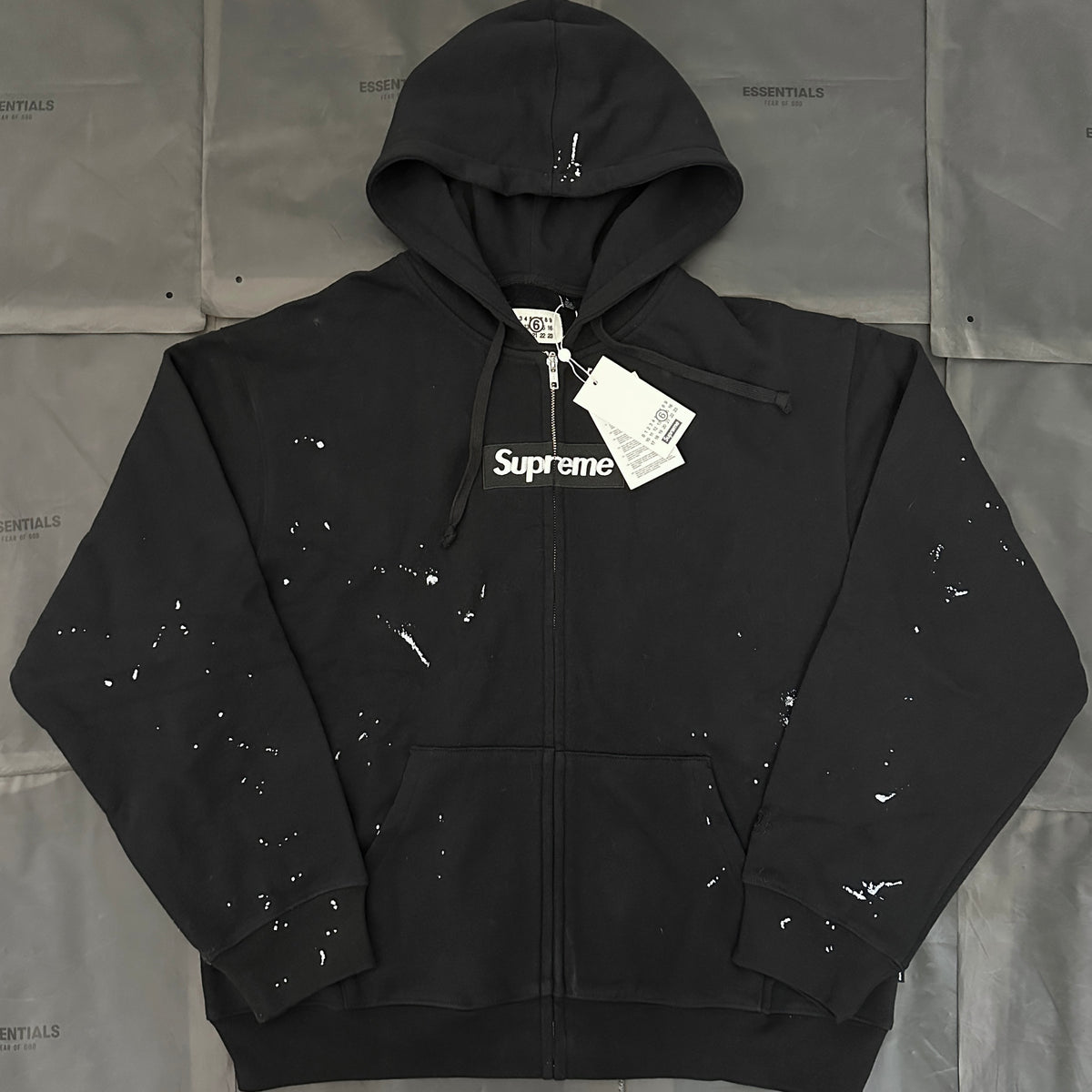 Supreme x MM6 Maison Margiela Paint Splatter Box Logo Zip Up Hoodie, Full Zip Heavyweight Fleece Hooded Sweatshirt, Unisex Streetwear Jacket