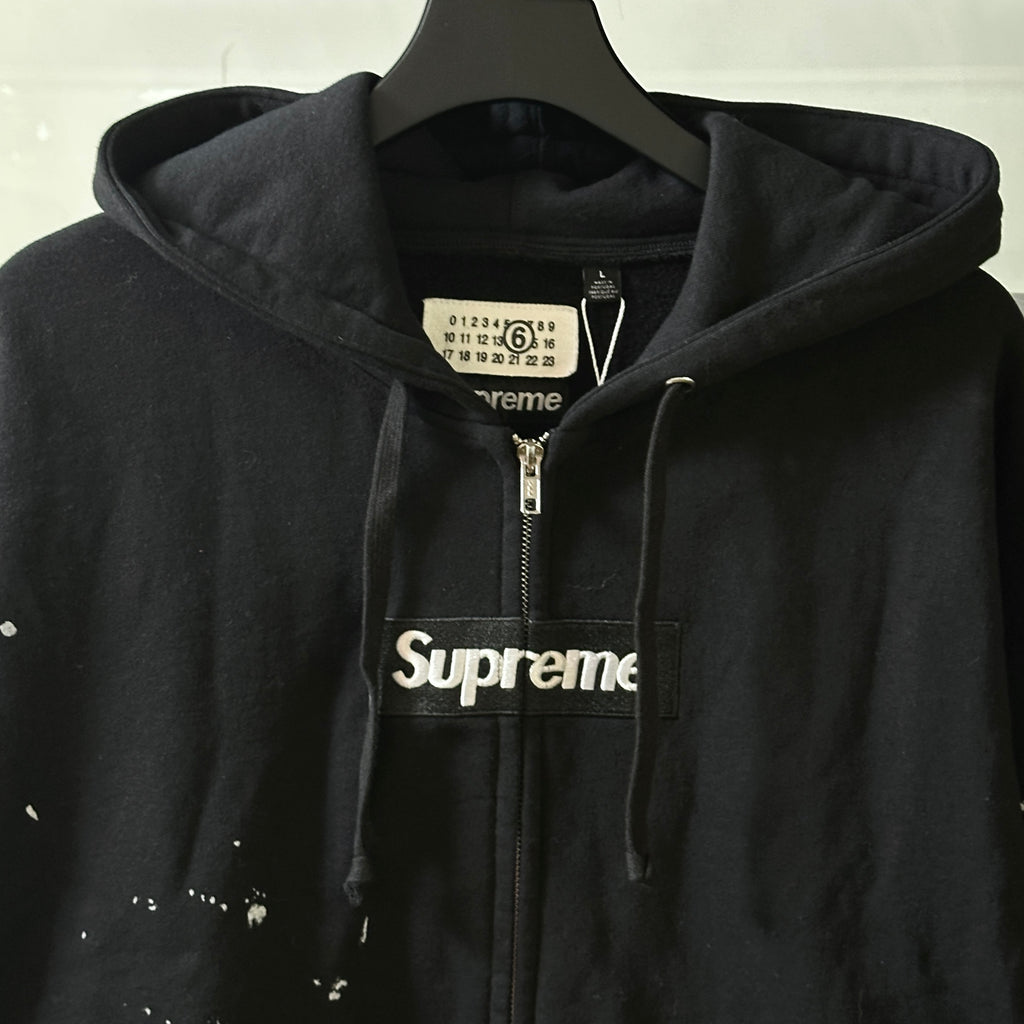 Supreme x MM6 Maison Margiela Paint Splatter Box Logo Zip Up Hoodie, Full Zip Heavyweight Fleece Hooded Sweatshirt, Unisex Streetwear Jacket
