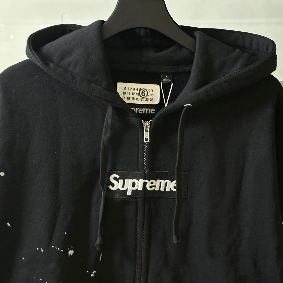 Supreme x MM6 Maison Margiela Paint Splatter Box Logo Zip Up Hoodie, Full Zip Heavyweight Fleece Hooded Sweatshirt, Unisex Streetwear Jacket