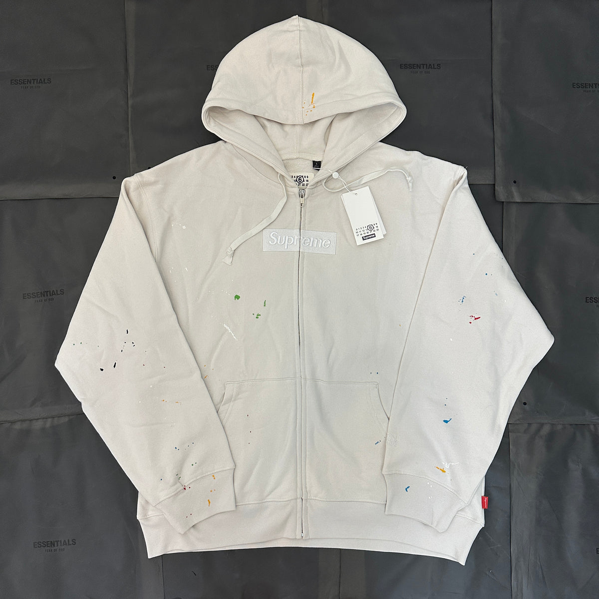 Supreme x MM6 Maison Margiela Paint Splatter Box Logo Zip Up Hoodie, Full Zip Heavyweight Fleece Hooded Sweatshirt, Unisex Streetwear Jacket