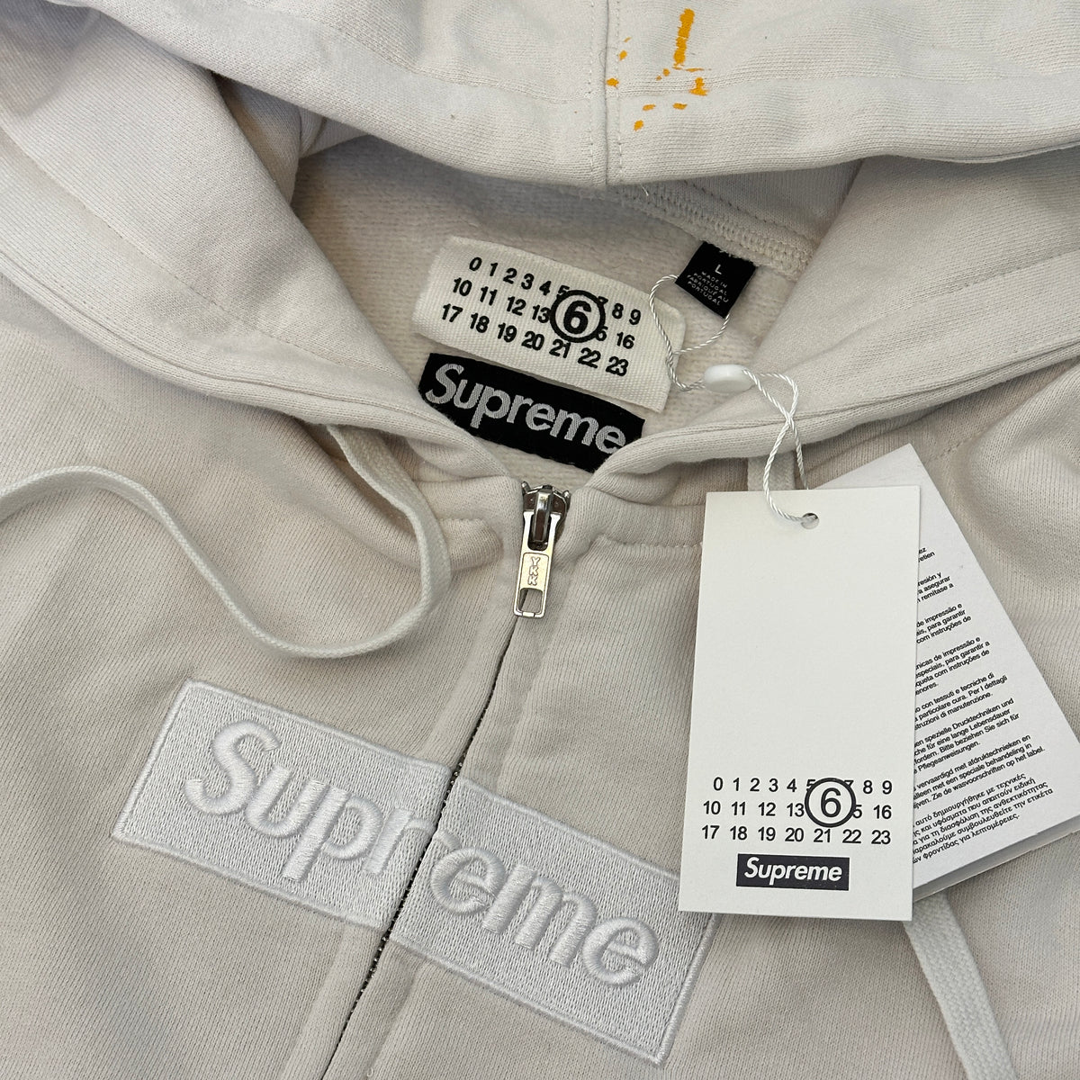 Supreme x MM6 Maison Margiela Paint Splatter Box Logo Zip Up Hoodie, Full Zip Heavyweight Fleece Hooded Sweatshirt, Unisex Streetwear Jacket