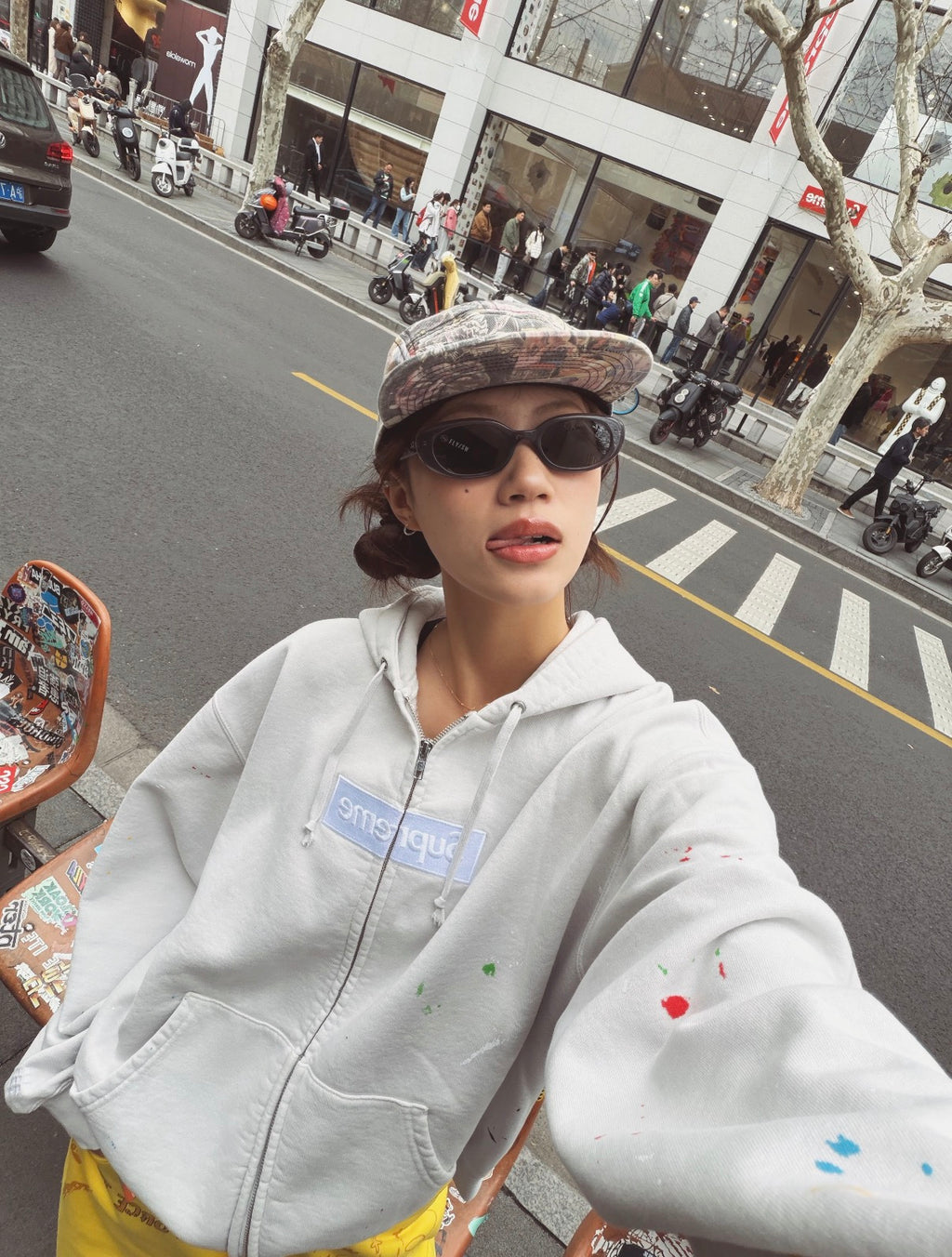 Supreme x MM6 Maison Margiela Paint Splatter Box Logo Zip Up Hoodie, Full Zip Heavyweight Fleece Hooded Sweatshirt, Unisex Streetwear Jacket